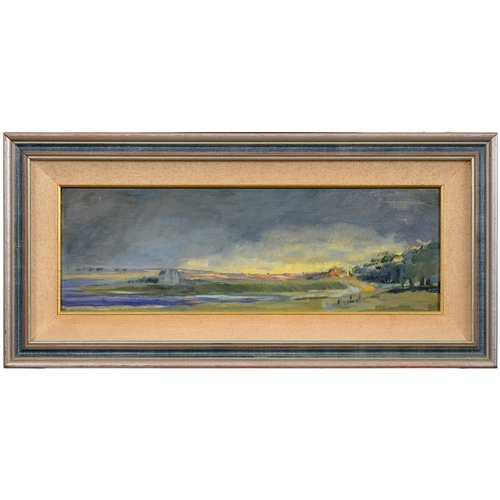 1095 - Kathleen Crow ROI (1920-2020) - Sunset Rutland Water, oil on board, 16 x 49.5cm