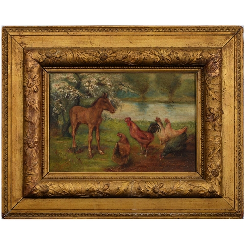 1097 - Follower of Edgar Hunt - A Foal and Hens by a River, oil on panel, 18 x 27.5cm