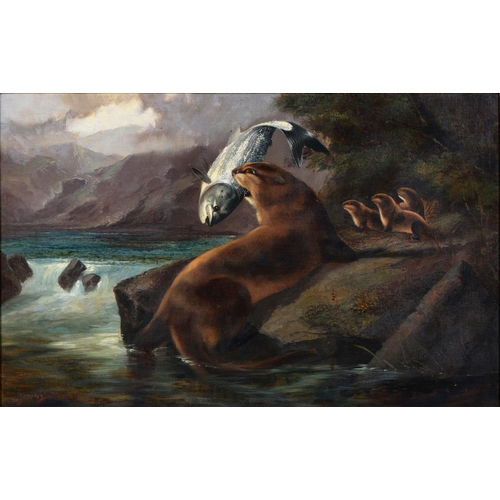 1114 - Robert Cleminson (Fl. 1864-1903) - Otter taking a Salmon, signed, oil on canvas, 49.5 x 75cm... 
