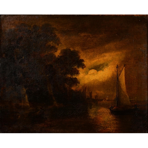 1125 - English School, 19th c - A Harbour by Moonlight, oil on canvas, 23 x 28cm, stretcher blind-stamped G... 