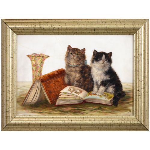 1147 - Bessie Bamber (Fl. early 20th c) - Inquisitive Cats, signed with initials, oil on glass, 16.5 x 24cm... 