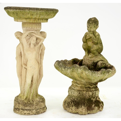 1192 - Two reconstituted stone birdbaths, one of a satyr seated on a shell, 80cm h and smaller... 