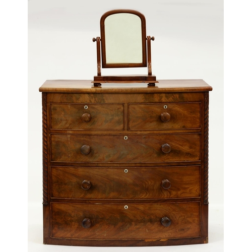 1199 - An early Victorian mahogany bow-front chest of drawers, c. 1850, moulded frieze above two short and ... 