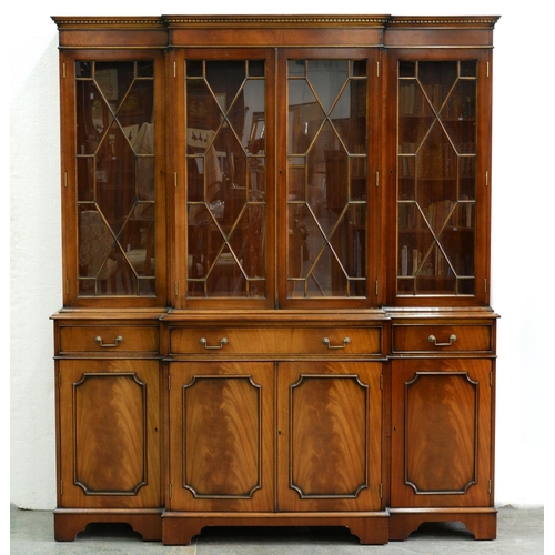 1222 - A mahogany breakfront bookcase, 20th c, 194cm h; 41 x 160cm