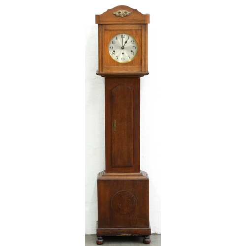 1223 - An oak dwarf longcase clock, with chiming movement, pendulum, 148cm h