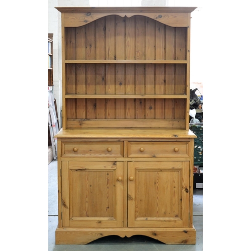 1224 - A waxed pine dresser, with boarded rack, 196cm h; 55 x 115cm