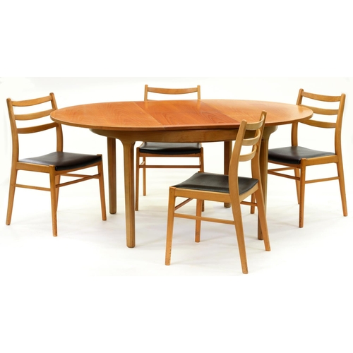 1227 - A teak extending dining table, c. 1970, circular top, tapering reeded legs, 75cm h; 122cm diam, with... 