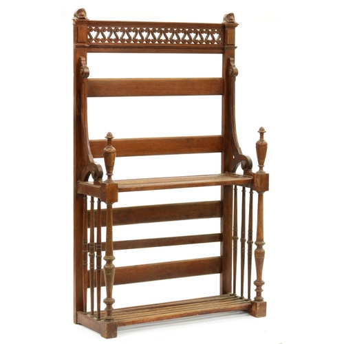 1235 - An Edwardian oak hall stand, with pierced top rail, shell terminals and vase finials, 160cm h; 36 x ... 