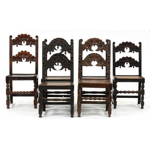 1236 - A harlequin set of six Derbyshire oak chairs, late 17th c and later, typical shaped arched ladder ba... 