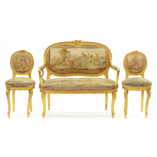 1249 - A French giltwood and tapestry salon suite, c1900, in Louis XVI style, comprising canape and pair of... 