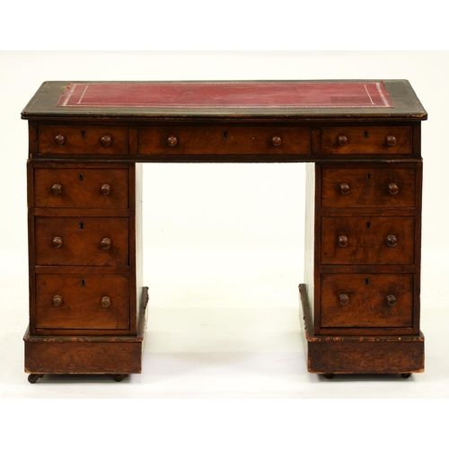 1257 - A Victorian walnut and stained wood pedestal desk, 73cm h; 54 x 103cm