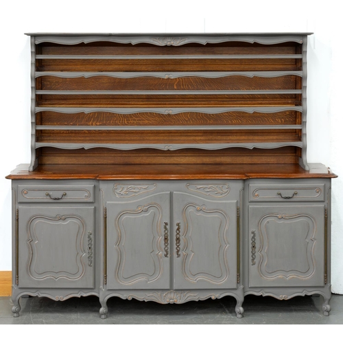 1262 - A French oak farmhouse dresser, 20th c, in mid-18th c style, later painted grey, the cupboard base w... 