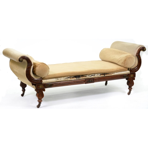 1263 - A William IV mahogany scroll-arm day bed, c. 1830, stuffed-over silk pinstripe upholstery, later squ... 