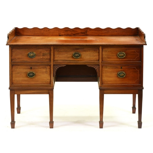 1265 - A Victorian mahogany and line inlaid sideboard, on six square tapered legs and spade feet, 84cm h; 5... 