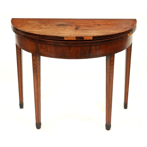 1291 - A George III mahogany, crossbanded and satinwood tea table, on inlaid legs, 75cm h; 45 x 92cm... 