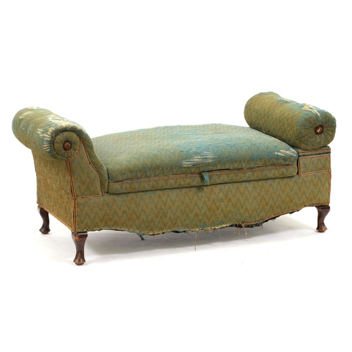 1293 - An upholstered scroll end ottoman, c1920, 57cm h; 127cm l