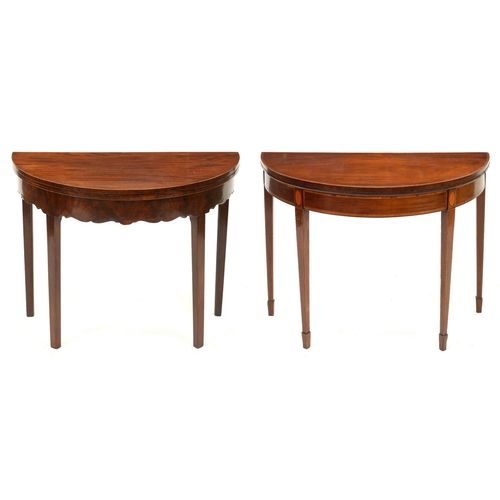 1300 - Two George III mahogany card tables, the crossbanded example with satinwood ovals heading square tap... 