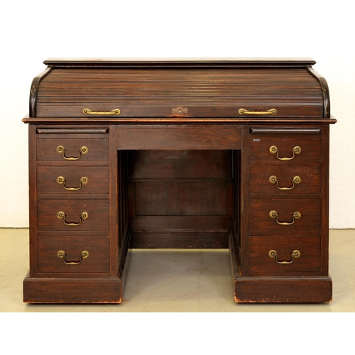 1303 - A dark-stained oak office desk, early 20th c, with tambour shutter, the sides panelled, 94cm h; 73 x... 