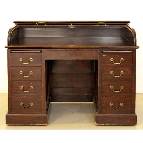 1303 - A dark-stained oak office desk, early 20th c, with tambour shutter, the sides panelled, 94cm h; 73 x... 