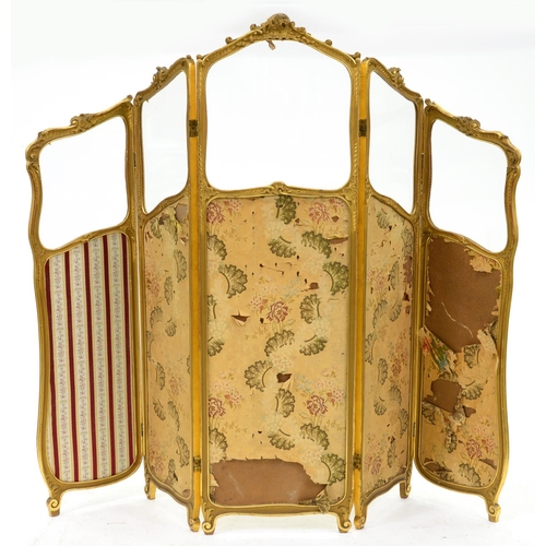 1304 - A French carved and gilded wood and partly glazed five leaf screen, c1900, in Louis XV rococo style,... 