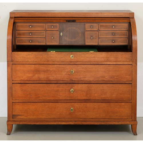 1305 - A Northern European oak cylinder bureau, c1800, the fitted interior with sliding front and adjustabl... 