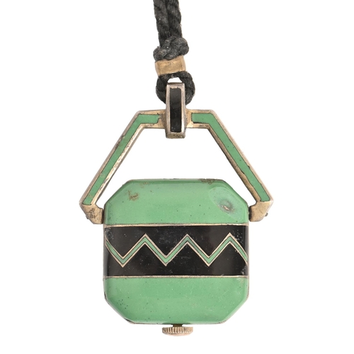 197 - An Art Deco black and green enamelled silver pendant-watch, 40 x 31mm overall