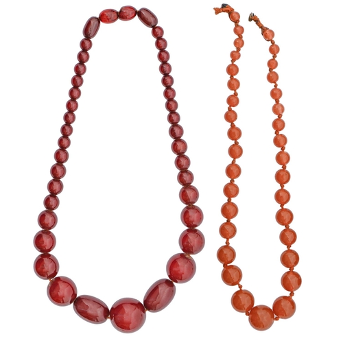 203 - A necklace of Bakelite beads, early 20th c, 43g and a necklace of cornelian beads (2)... 