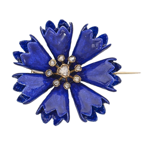 209 - A Prussian Imperial Presentation diamond set blue guilloche enamel cornflower brooch, gold pin, 33mm... 