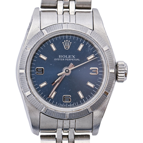 216 - A Rolex stainless steel lady's wristwatch, Oyster Perpetual, Ref 67230, 2003, with blue dial, 24mm d... 