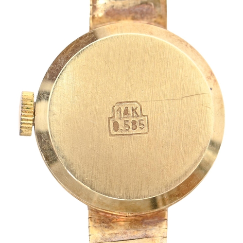 221 - A Mora 14ct gold lady's wristwatch, 17mm diam, on gold bracelet marked 585, 17.5g