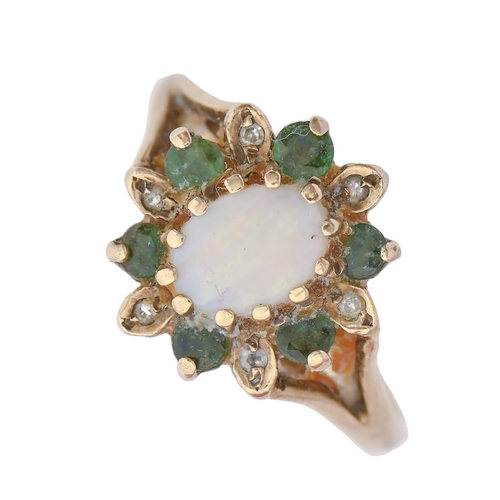 223 - An opal and green stone cluster ring, in 9ct gold, marks obscured, 2.3g, size L