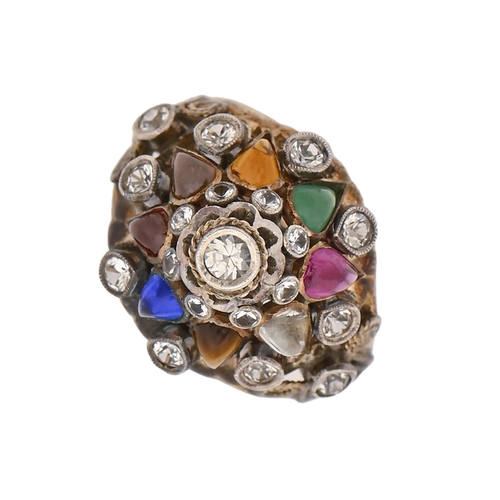 227 - A multi-gem ring, in silver with gold hoop, 6.2g, size L½