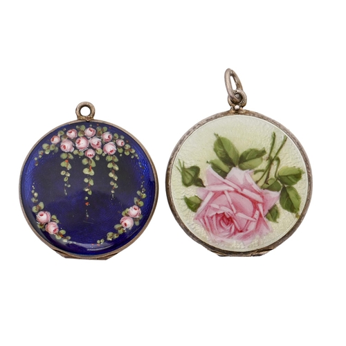 251 - Two silver and enamel lockets, early 20th c, painted with roses, on a blue or pale green guilloche g... 