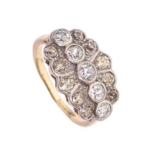 268 - A diamond ring, with central row of evenly sized, collet set diamonds, gold hoop marked PLAT 18ct, 5... 