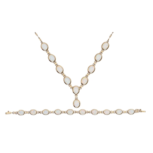 289 - An opal necklace and matching bracelet, in 9ct gold, necklace 45cm l, 19.6g