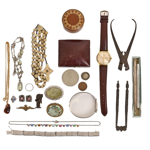 301 - Miscellaneous costume jewellery, coins, wristwatch, early 19th c steel nutcracks, etc... 