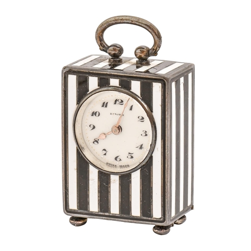 359 - A miniature silver and black and white striped enamel carriage timepiece, Zenith, c1920, with enamel... 