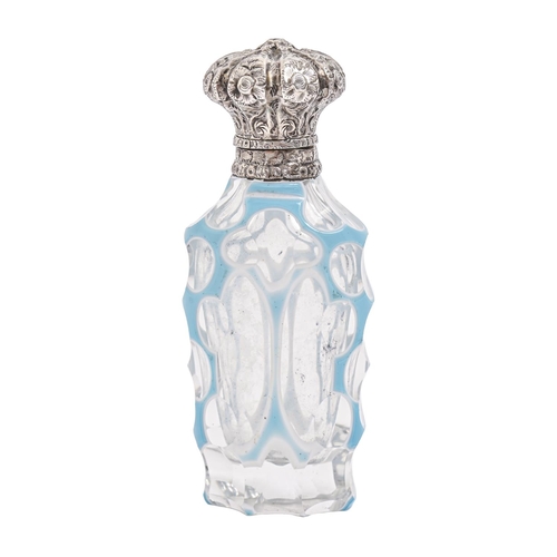 367 - A Victorian silver mounted glass scent bottle, cased in white and turquoise glass, the chased mount ... 