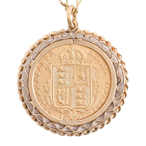 55 - Gold coin. Half sovereign 1892, mounted in 9ct gold pendant, on 9ct gold necklet, 8.9g... 