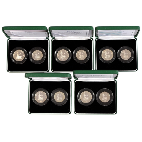 551 - Silver coins. Proof fifty pence two coin sets 1997, cased (5 cases)
