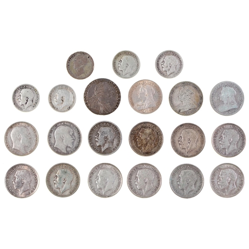 563 - United Kingdom pre-1920 silver coins, comprising George III 1787 shilling, 15 shillings, and 4 6d, (... 