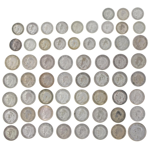 564 - United Kingdom pre-1947 silver coins, comprising 19 3d, 51 1s, and 1 2s, (qty)