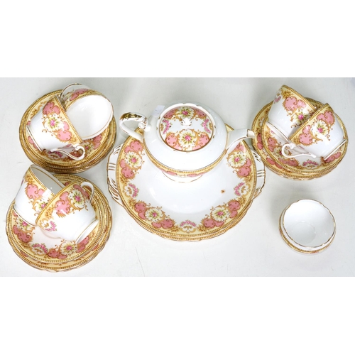 604 - An Aynsley tea service, printed and painted with single roses in pink and primrose reserves, teapot ... 