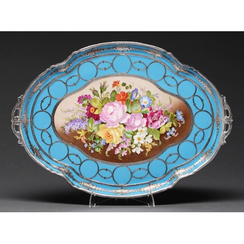 605 - A French porcelain and silver deposit cabaret tray, early 20th c, painted to the centre with a group... 