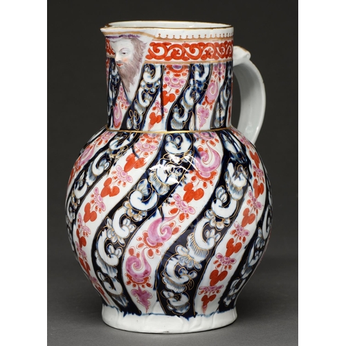 615 - A Worcester cabbage leaf mask jug, c1790, decorated in the 'Queen Charlotte' pattern, 23cm h, painte... 