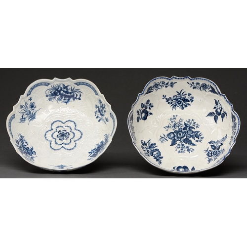617 - Two Worcester blue and white junket dishes or salad bowls, c1775, with crisp rococo moulding, one pa... 