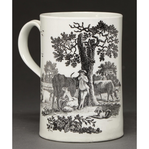 620 - A Worcester mug, c1772, with two onglaze transfer prints by Robert Hancock, Milking Scene No 1 and M... 