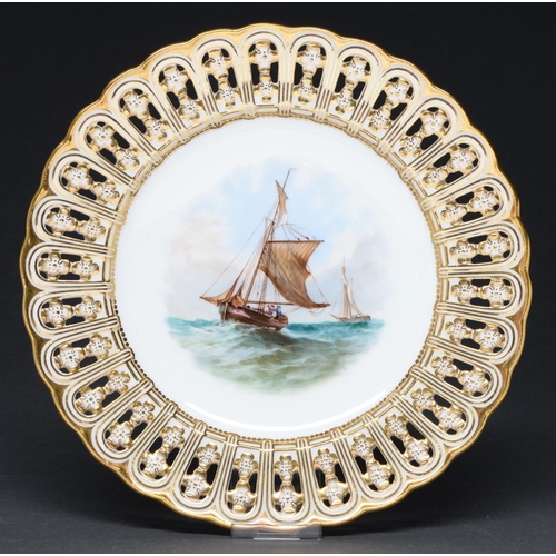 625 - A Minton dessert plate, c1857-59, of Stafford Pierced shape, painted with a marine subject and richl... 