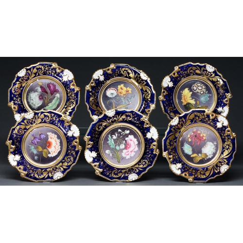 634 - A set of six Machin bone china dessert plates, c1825-30, of shell moulded form, painted with flowers... 