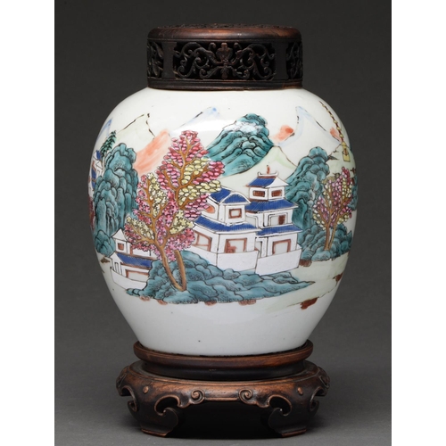 637 - A Chinese famille rose jar, Qing dynasty, 19th c, painted with a landscape and two diminutive figure... 